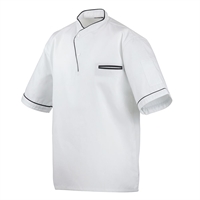 217 - Halværmet kokkeskjorte med trykknapper og farvet kantbånd hvid